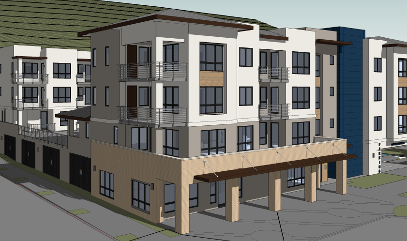 A 3D architectural rendering of a modern three-story building with balconies. The structure features beige and white walls, a blue accent column, and large windows. It includes a covered entrance and is set against a hilly backdrop.
