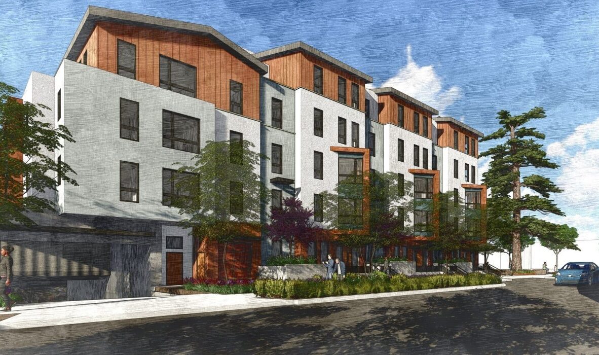 Illustration of modern multi-story residential buildings with large windows and wooden accents. The street is lined with trees and a parked blue car. The scene is set under a partly cloudy sky.