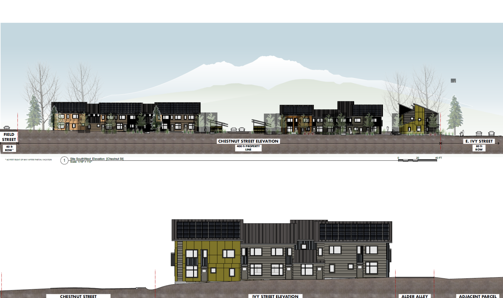 Architectural design of a two-story residential building complex with mountain backdrop. The top section shows Chestnut and Ivy Street elevations, while the bottom section shows side and rear views. Trees and a sloping landscape are included.