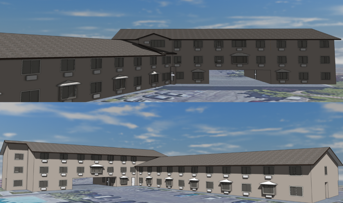 A digital 3D rendering of a two-story L-shaped building with multiple windows and a dark roof, shown from two different angles. The structure is set against a backdrop of a clear blue sky and an aerial view of a parking area.