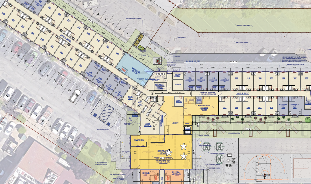 A detailed architectural floor plan featuring various rooms, corridors, and outdoor spaces. The layout includes areas labeled for different purposes, a parking lot, and recreational spaces like a basketball court. Color-coded sections indicate different zones.