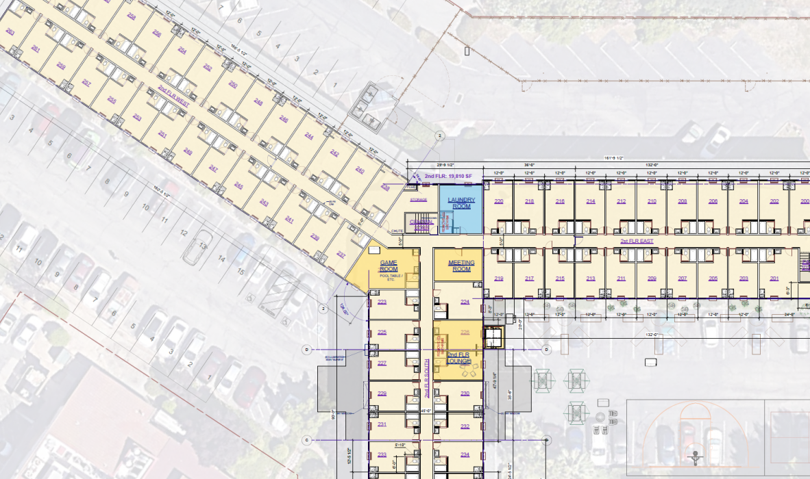 Blueprint of a two-story apartment complex. Includes labeled units and common areas. The layout shows parking spaces, pathways, and a basketball court in an outdoor area. Text and numbers detail sizes and functions of spaces.