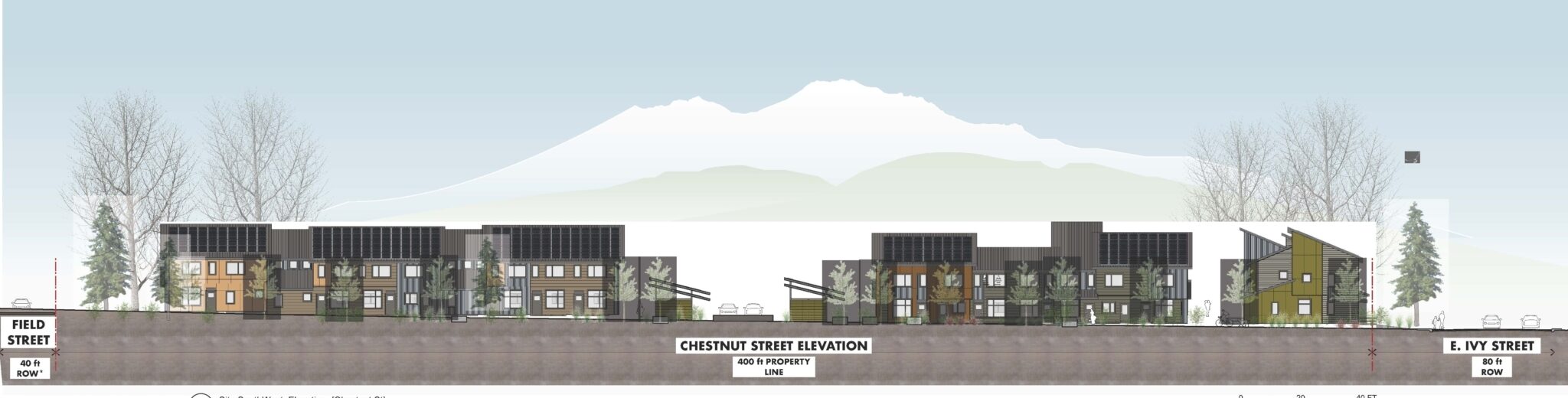 An architectural elevation of a residential complex shows multiple two-story buildings with varied façades. Trees are in the foreground, and a mountain is visible in the background. The design is labeled Chestnut Street Elevation.