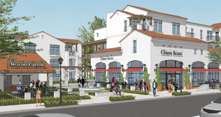 Illustration of a modern shopping plaza with white buildings and red-tiled roofs. People are walking and sitting at outdoor tables. Signs read Chiaro Scuro and Alvarado Taproom. Trees and shrubs line the area.