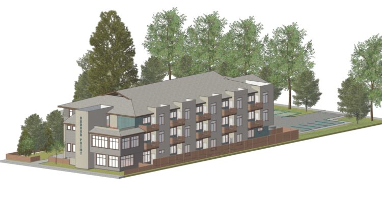 Rendered image of a modern, three-story apartment building surrounded by trees and greenery. The structure has large windows and a flat roof. Theres a parking area on one side, and a mix of shrubs and tall trees around the property.