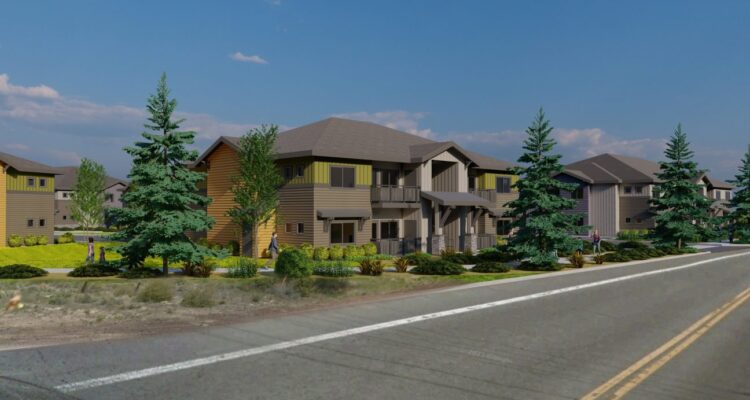 A modern suburban neighborhood with two-story houses featuring pitched roofs and wood siding. Tall pine trees and bushes line the property, and a clear blue sky is overhead. A paved road runs in front of the houses.