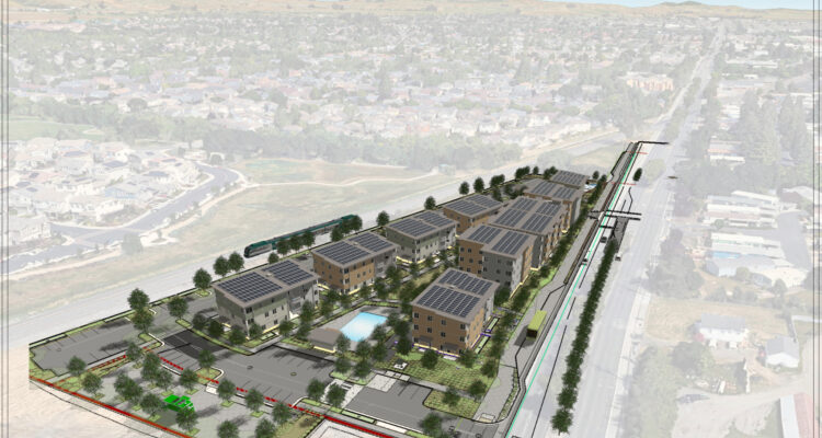 Aerial rendering of a residential development called The Meridian at Petaluma North. It features multiple buildings with solar panels, green spaces, a pool, and parking areas, set against a backdrop of hills and a suburban neighborhood.