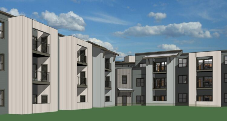 Digital rendering of a modern apartment complex with multiple stories and balconies. The buildings are set against a partly cloudy sky, with a grassy area in the foreground. The architecture features a mix of vertical and horizontal lines.