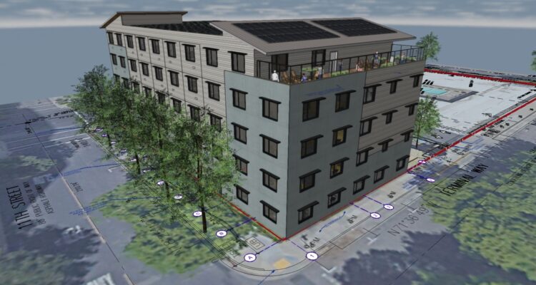 A 3D rendering of a four-story building with a flat roof featuring solar panels and a rooftop garden. The building is surrounded by trees and is situated at an intersection with streets labeled. Blueprint elements overlay the scene.