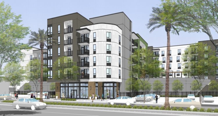 Architectural rendering of a modern, multi-story apartment building with a mix of dark and light paneling. The street view includes trees, parked cars, and people walking, set against a clear blue sky.