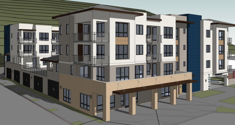 A 3D architectural rendering of a modern, multi-story building with balconies, large windows, and a covered entrance. The structure features a mix of beige and dark blue accents, set against a backdrop of green terrain and a clear sky.